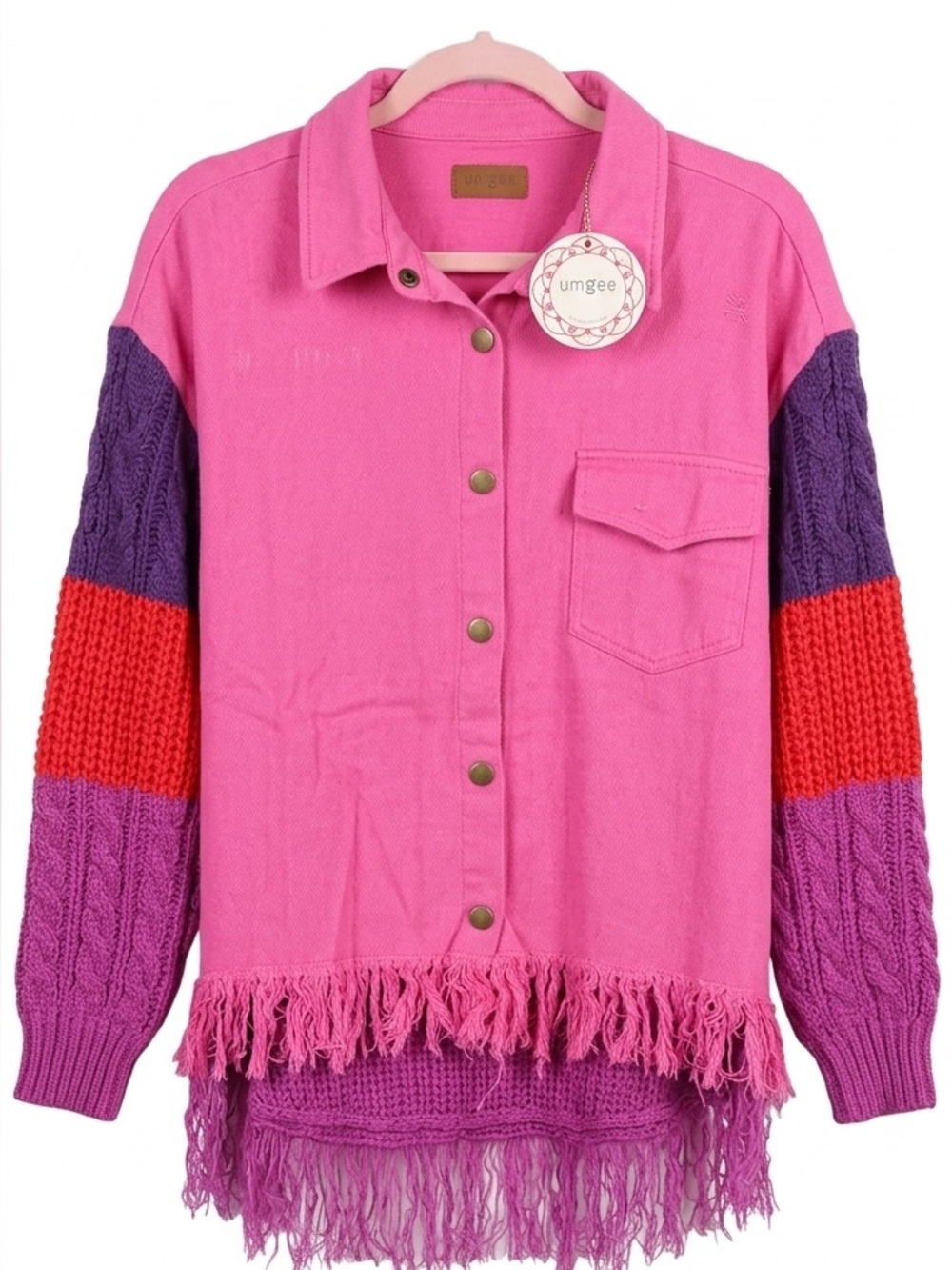 Umgee Vibrant Pink Mixed Media Fringe Shacket - Size S